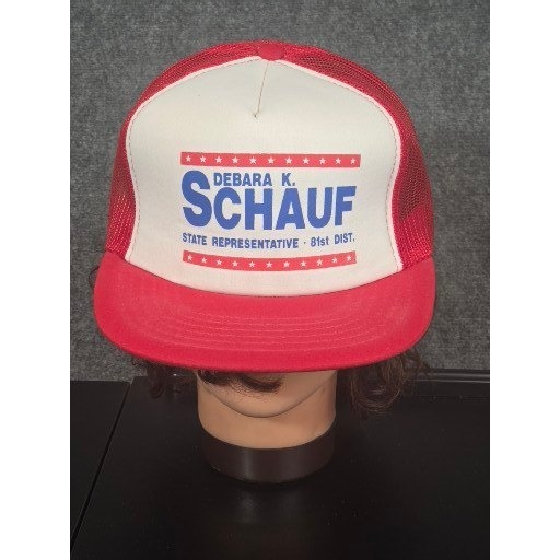 Vintage Yupoong Debara K Schauf State Representative Trucker Hat Red White 80s